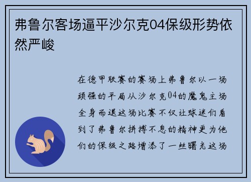 弗鲁尔客场逼平沙尔克04保级形势依然严峻