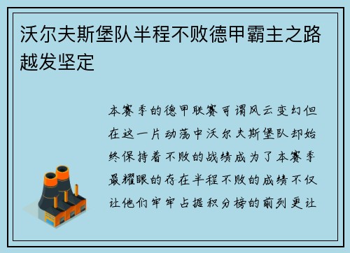 沃尔夫斯堡队半程不败德甲霸主之路越发坚定